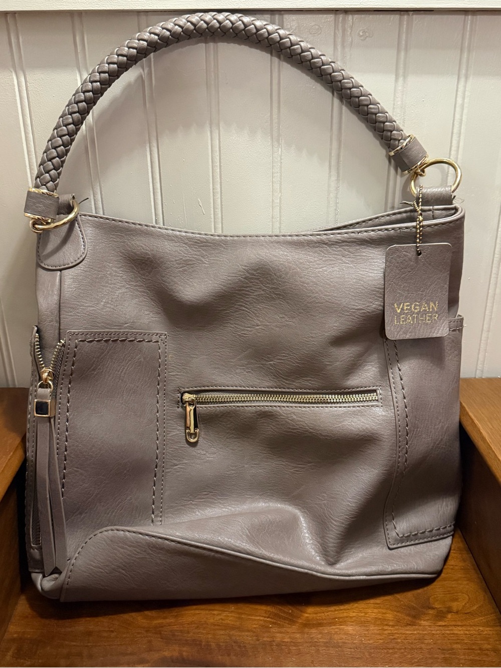 Miztique Taupe Vegan Leather Braided Strap Hobo Shoulder Bag